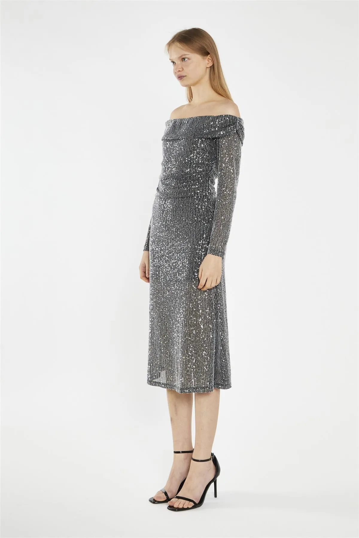 Black Mesh-Sequin Bardot Midi-Dress