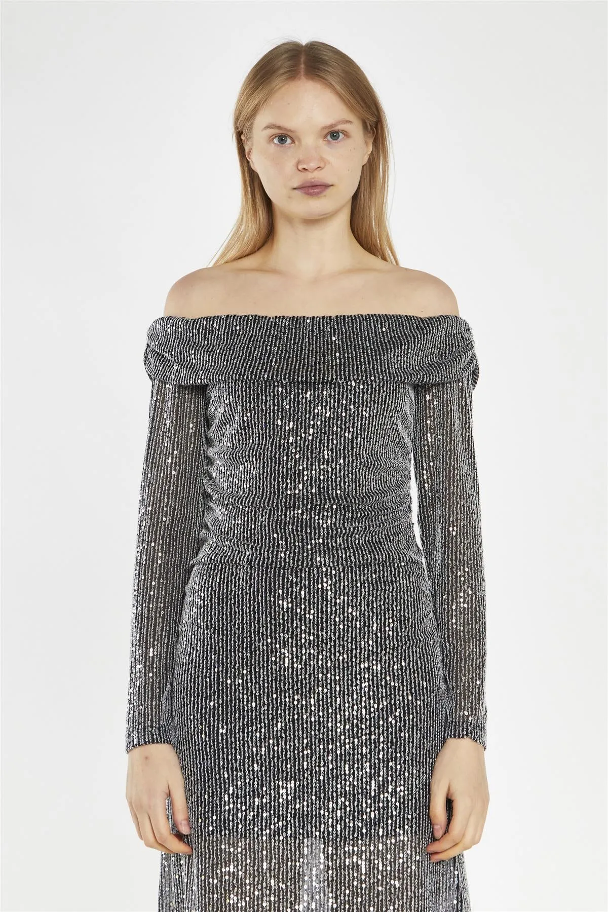 Black Mesh-Sequin Bardot Midi-Dress