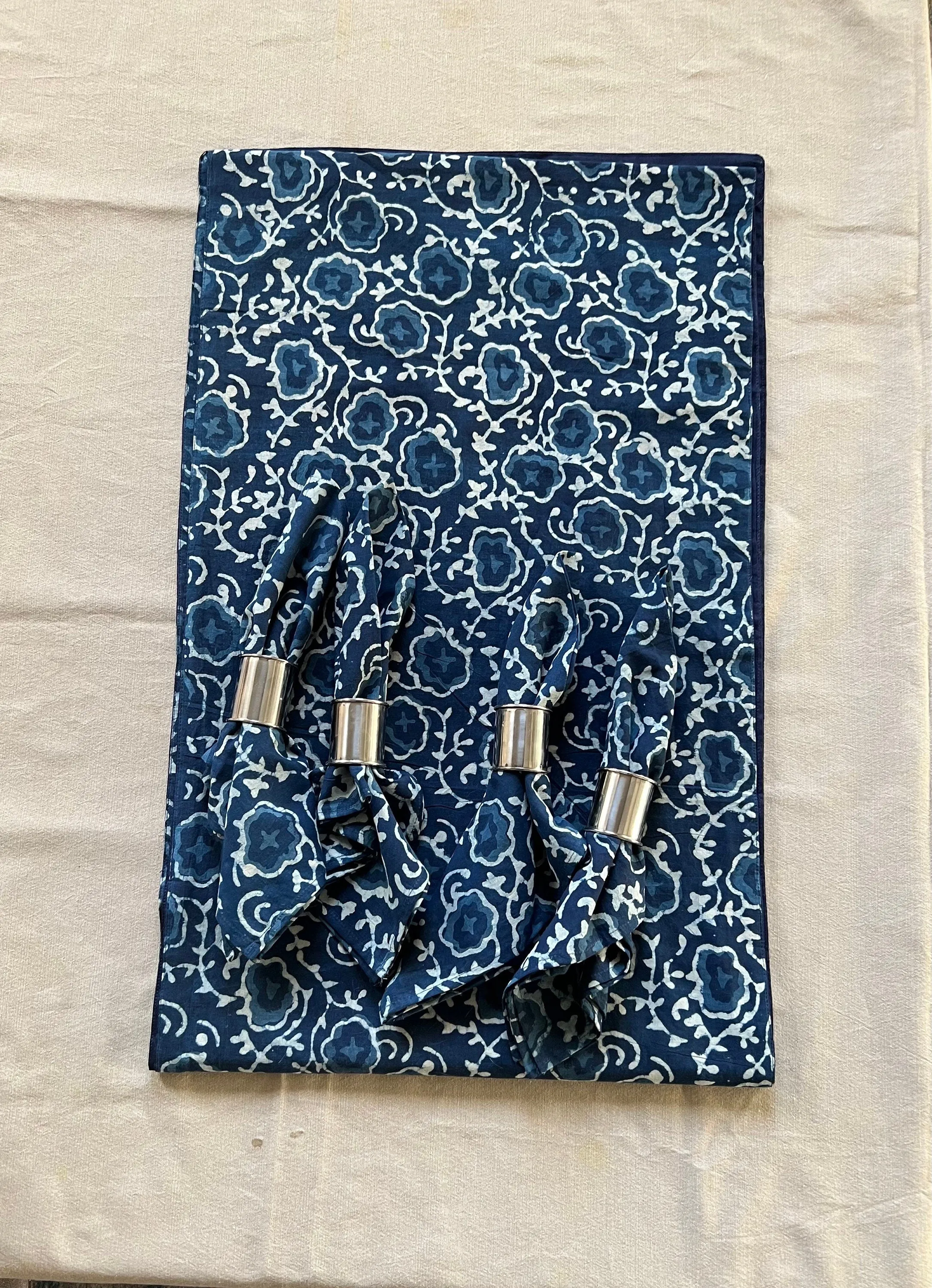 Blue and White Flower Pattern, Hand Block Print Tablecloth Table Cover Linen Set for Wedding, Outdoor Events Home Farmhouse party, Gift