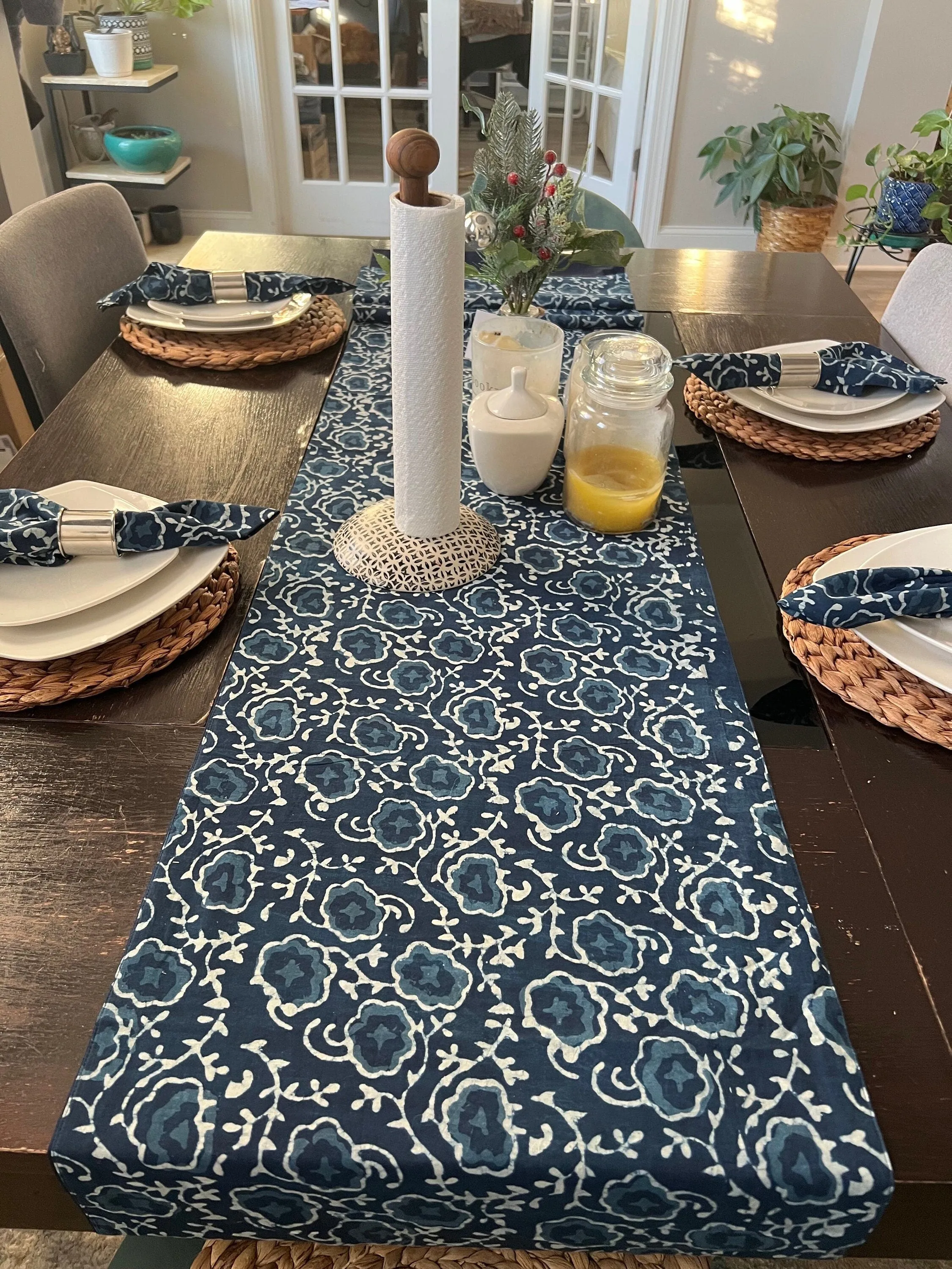 Blue and White Flower Pattern, Hand Block Print Tablecloth Table Cover Linen Set for Wedding, Outdoor Events Home Farmhouse party, Gift