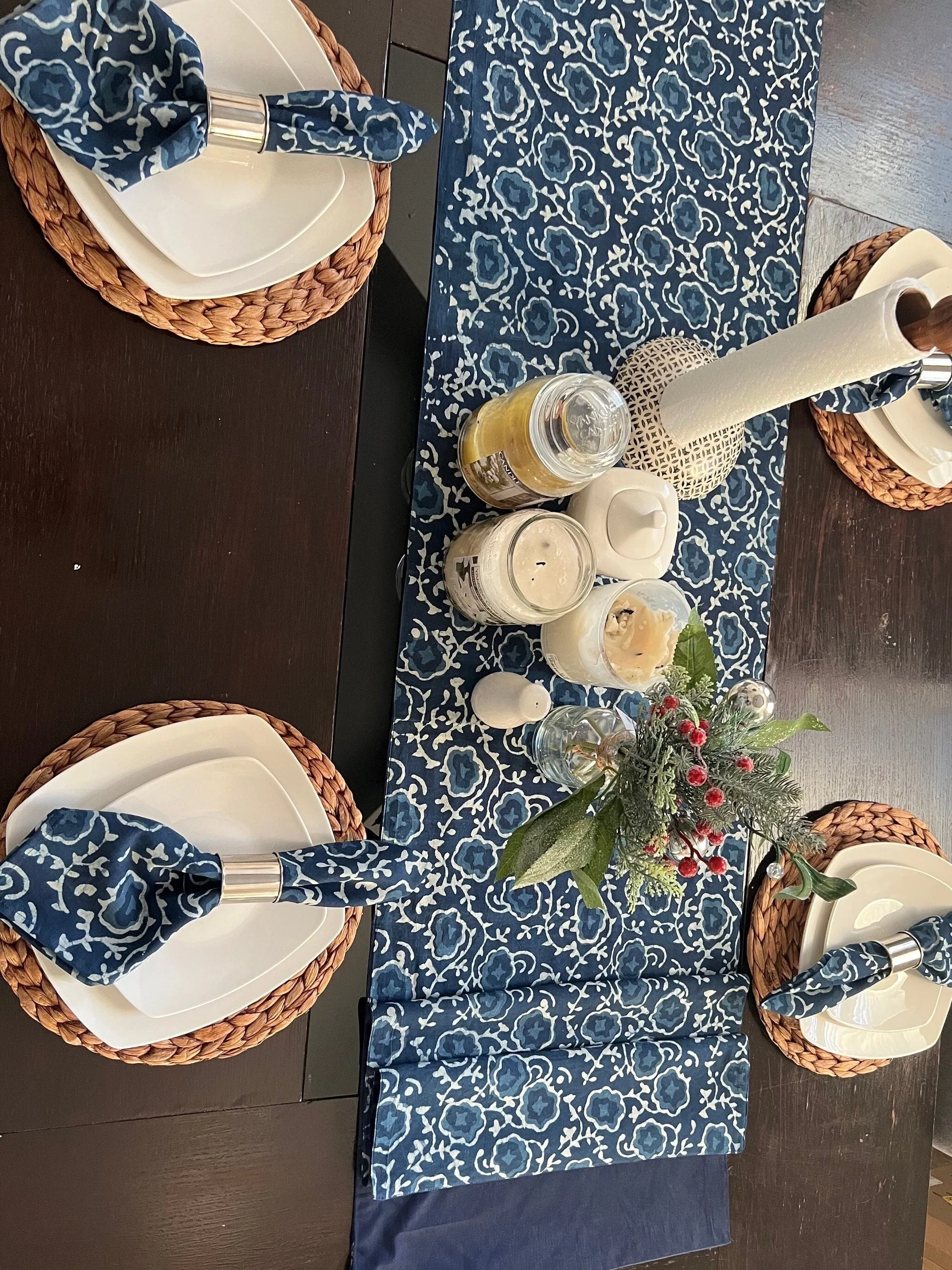 Blue and White Flower Pattern, Hand Block Print Tablecloth Table Cover Linen Set for Wedding, Outdoor Events Home Farmhouse party, Gift