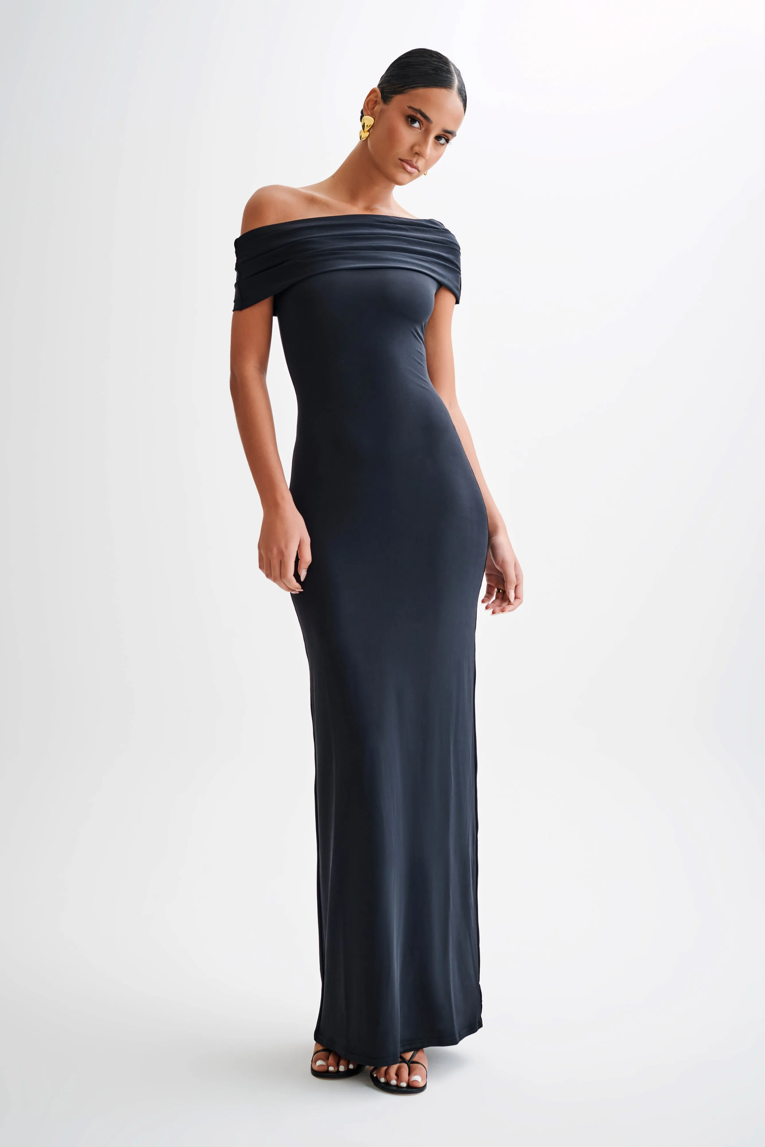 Cassandra Off Shoulder Slinky Maxi Dress - Black