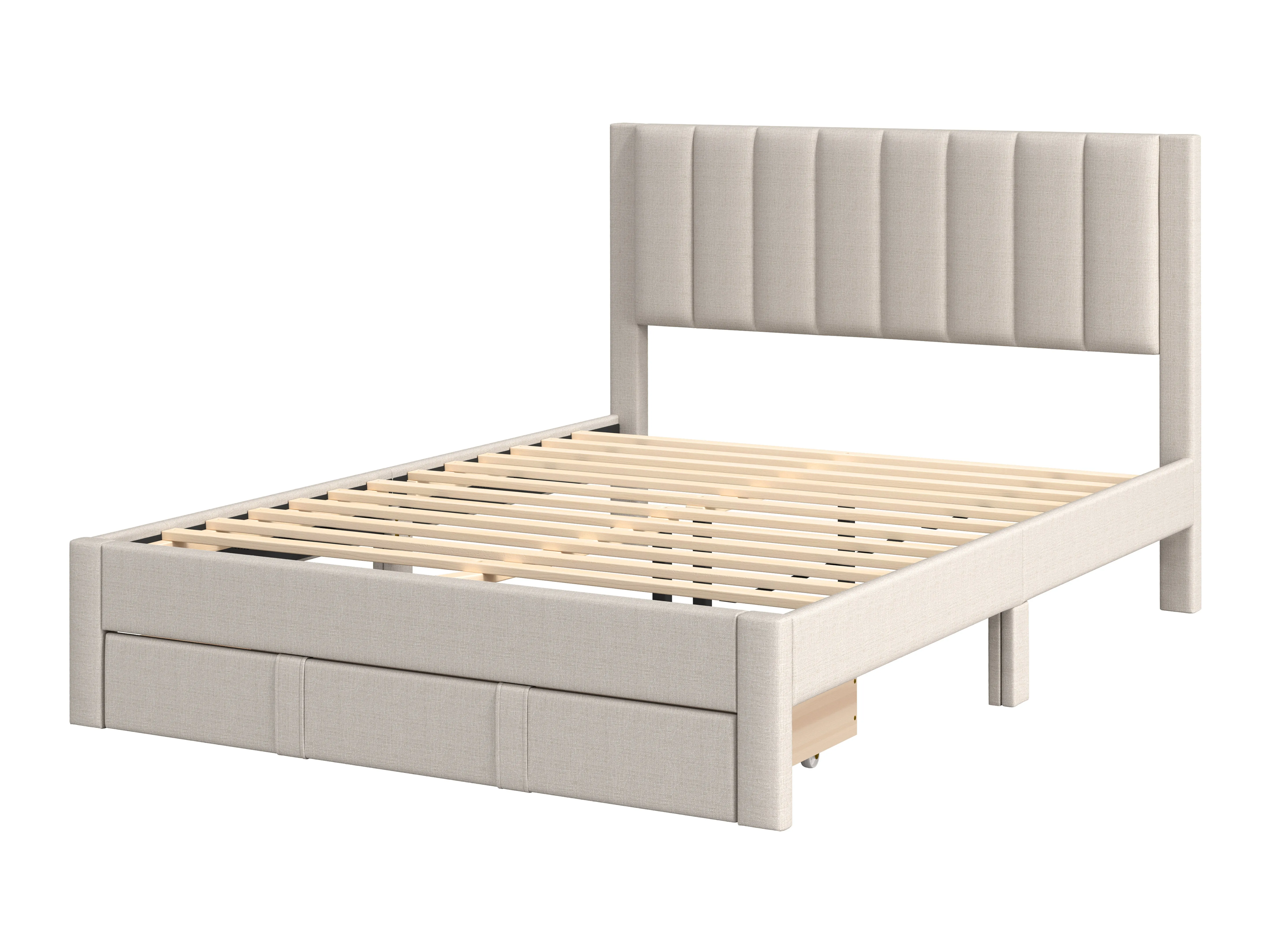 Channel Tufted Beige King Bed with Storage