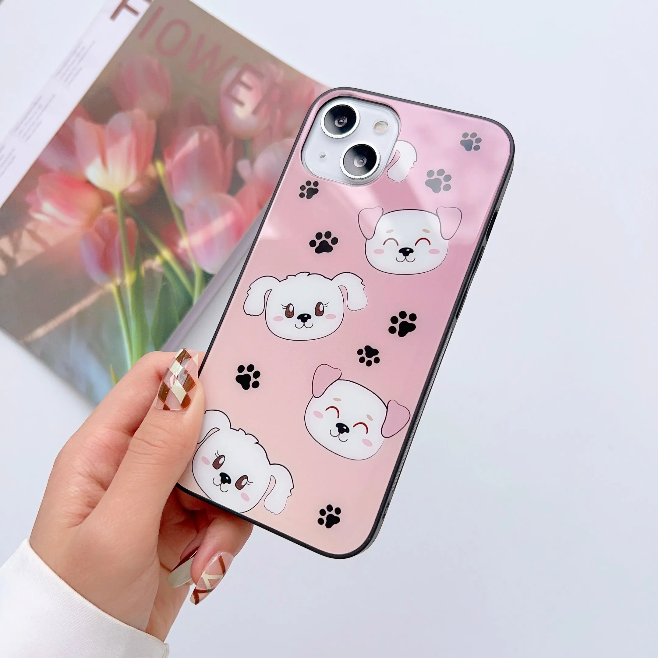 Cute Dog And Flower Pattern Glass Case