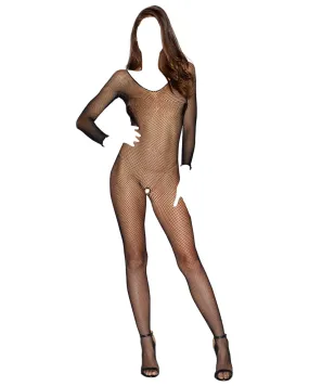 Dreamgirl Longsleeve Fishnet Bodystocking with Open Crotch Black Queen Size