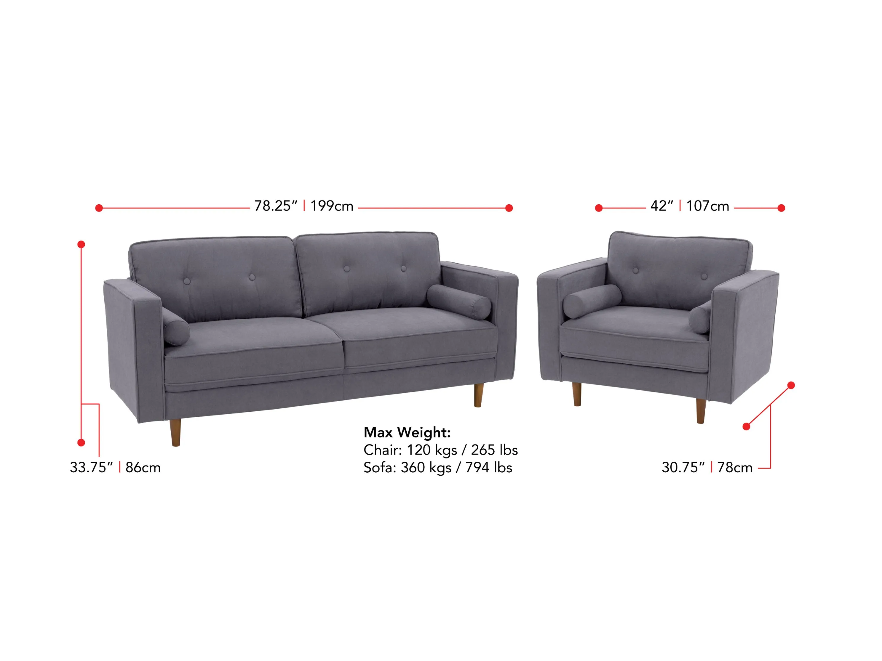 Grey Sofa and Chair 2-Piece Set