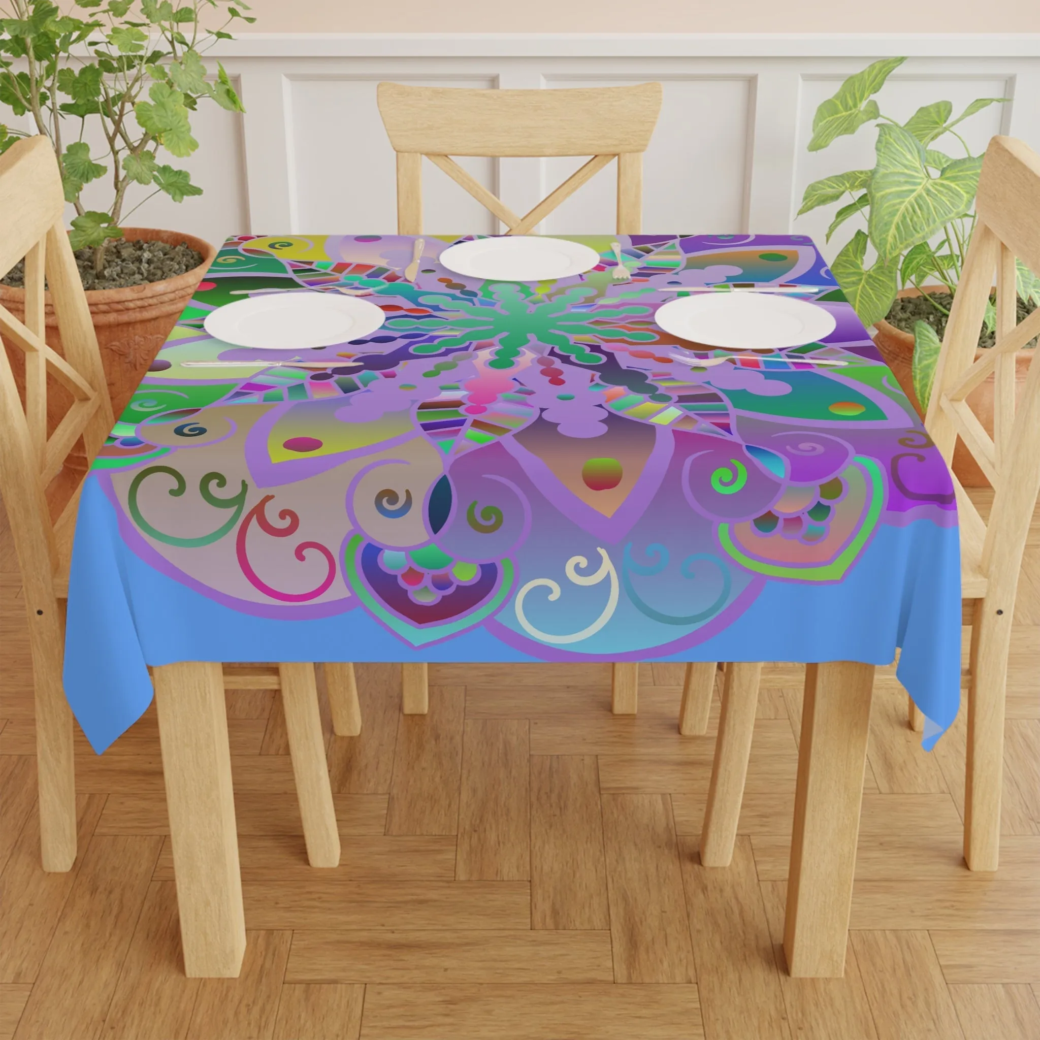 Handmade Mandala Art Light Blue Tablecloth Square