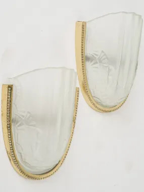 Pair of 1930s French Art Deco Frosted Glass & Brass Wall Sconces 11"